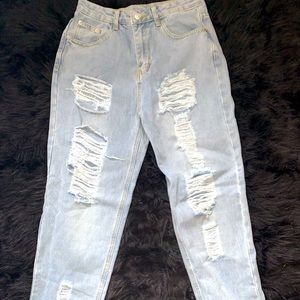 Bleach Wash High-Rise Destroyed Ripped Jeans